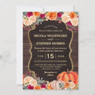 Invitation Mariage floral automnal rustique orange citrouille