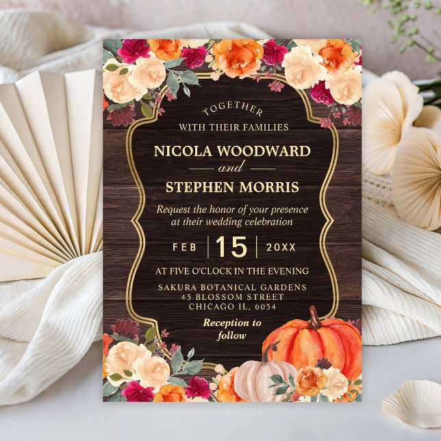 Invitation Mariage floral automnal rustique orange citrouille (Créateur téléchargé)