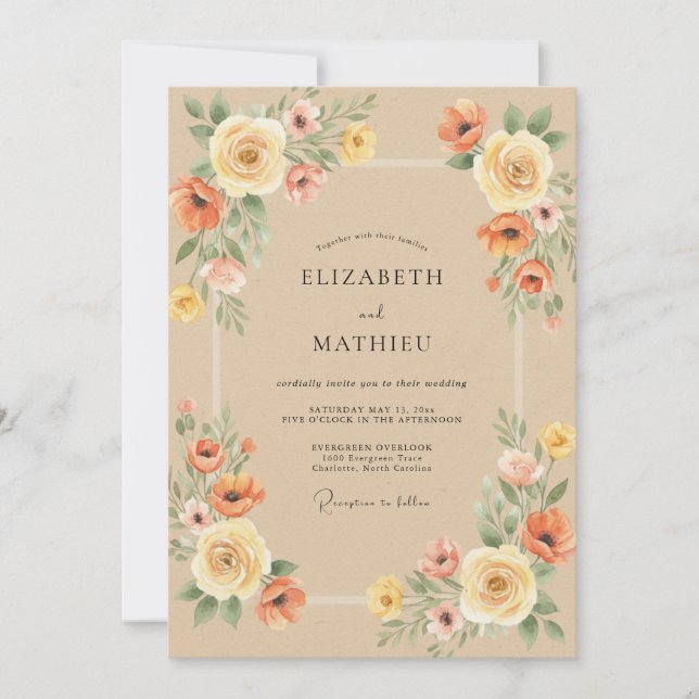Invitation Mariage Floral Automnal Sable Chaud (Devant)