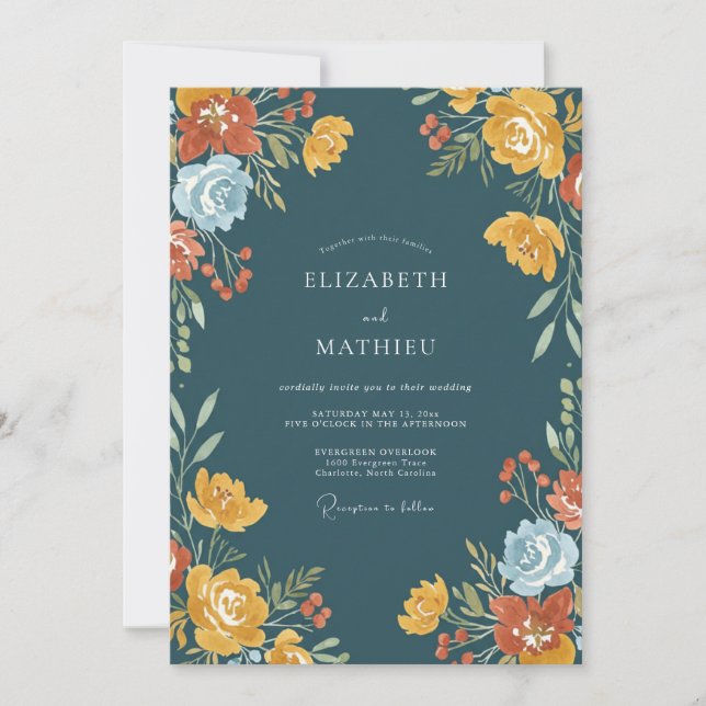 Invitation Mariage Floral Automnal Sarcelle (Devant)
