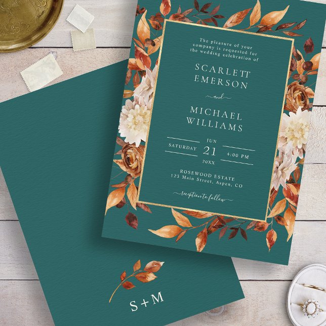 Invitation Mariage Floral Automnal Sarcelle (Elegant Copper Leaves Teal Fall Floral Wedding Invitation by Painted Paperie
)