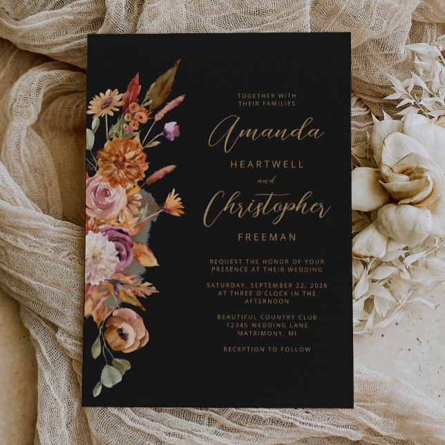 Invitation Mariage Floral Automnal Script Sombre (Créateur téléchargé)