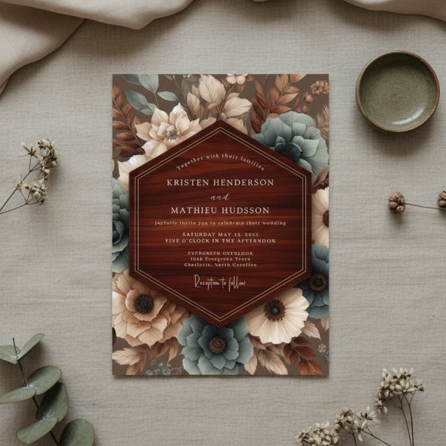 Invitation Mariage Floral Automnal Teal (Créateur téléchargé)