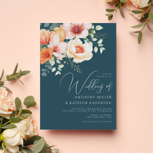 Invitation Mariage Floral Automnal Teinte Pêche Corail Bleu S