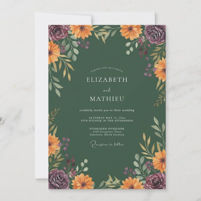 Invitation Mariage Floral Automnal Vert Forêt (Devant)
