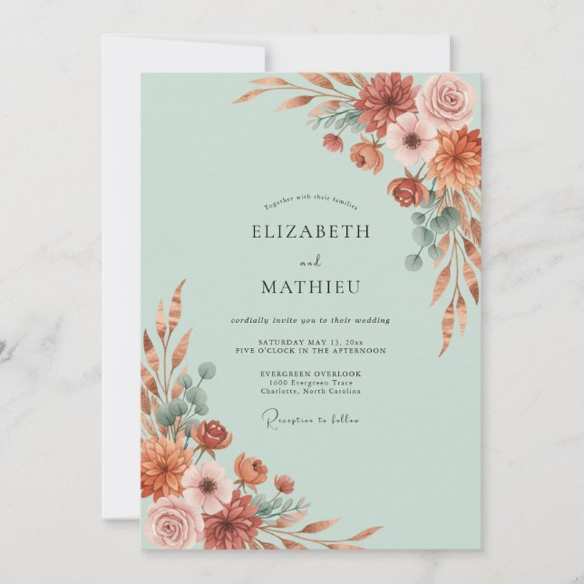 Invitation Mariage Floral Automnal Vert Menthe (Devant)