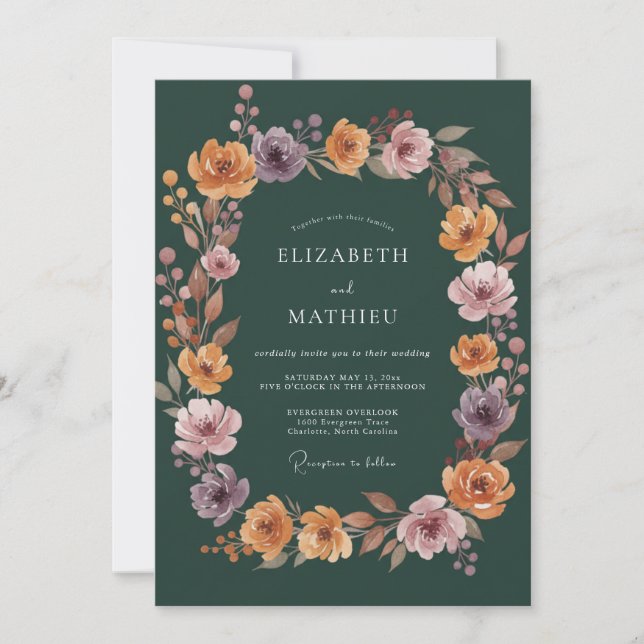 Invitation Mariage Floral Automnal Vert Profond (Devant)