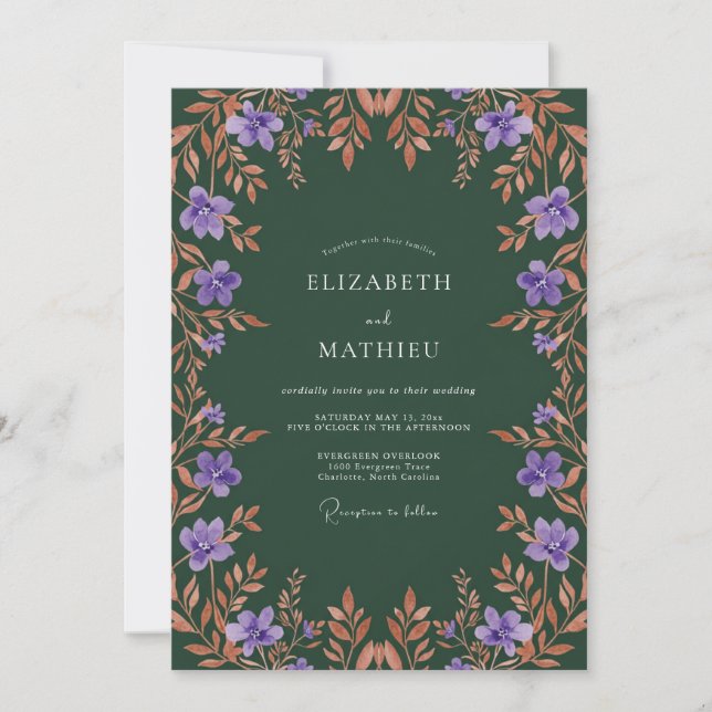 Invitation Mariage Floral Automnal Violet Profond (Devant)