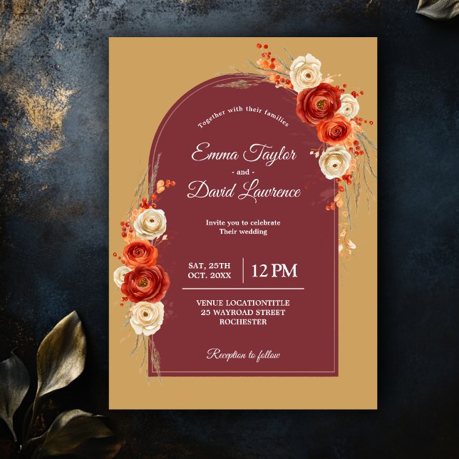 Invitation Mariage Floral Automne Chic Orange Terracotta (Créateur téléchargé)