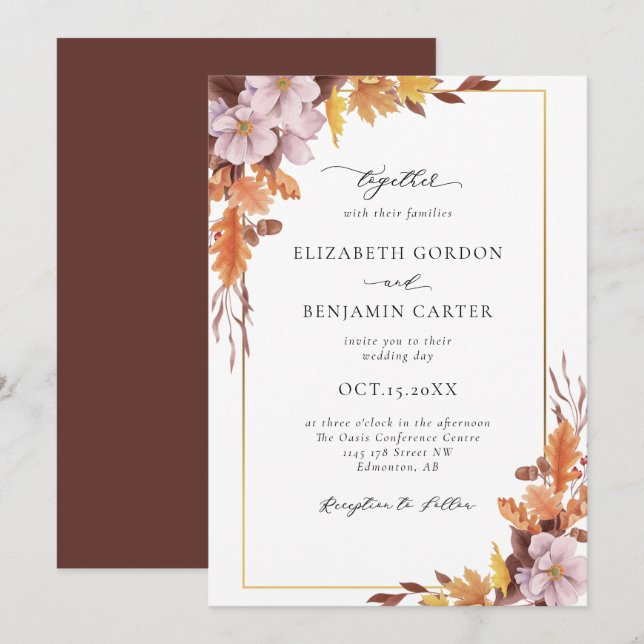 Invitation Mariage Floral Automne Élégant Feuillage Script (Devant / Derrière)