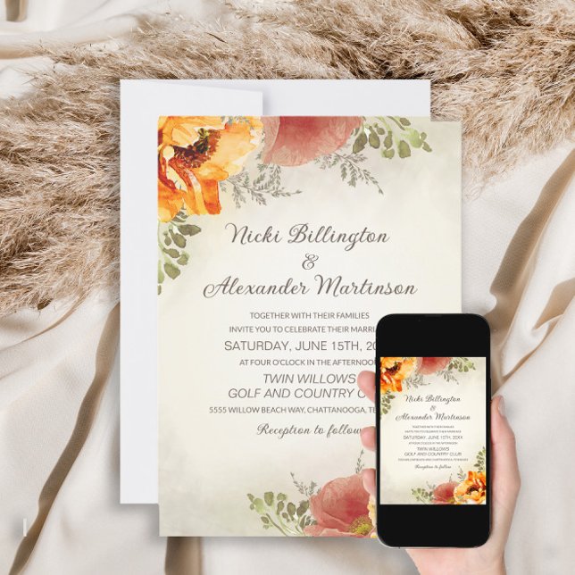 Invitation Mariage Floral Automne Orange Brûlé (Créateur téléchargé)