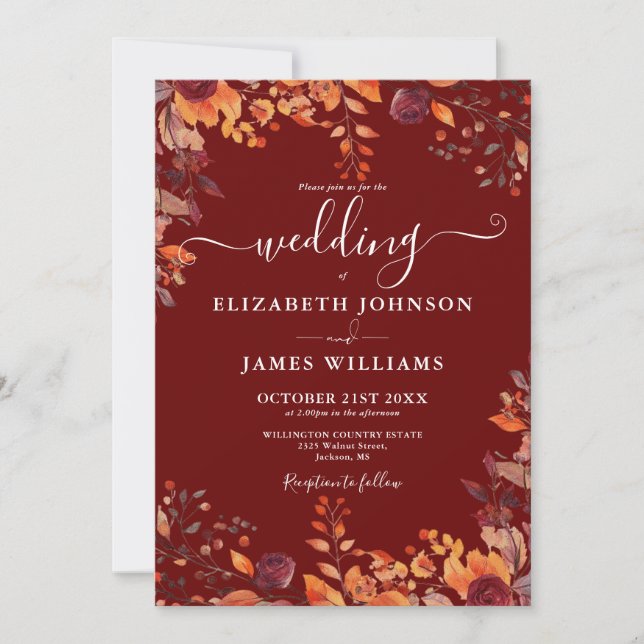 Invitation Mariage Floral Automne Tout En Un Bourgogne (Devant)