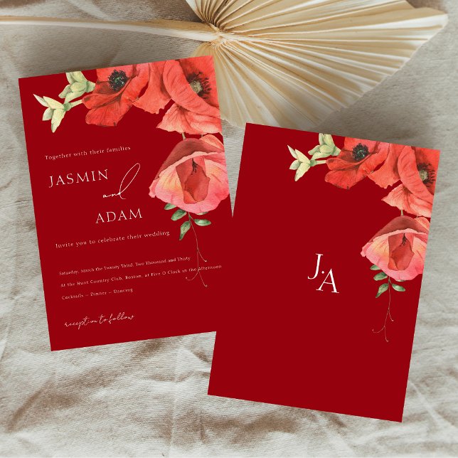 Invitation Mariage Floral aux Coquelicots Rouges Élégants (Crimson Red Poppies Floral Wedding Invitation)