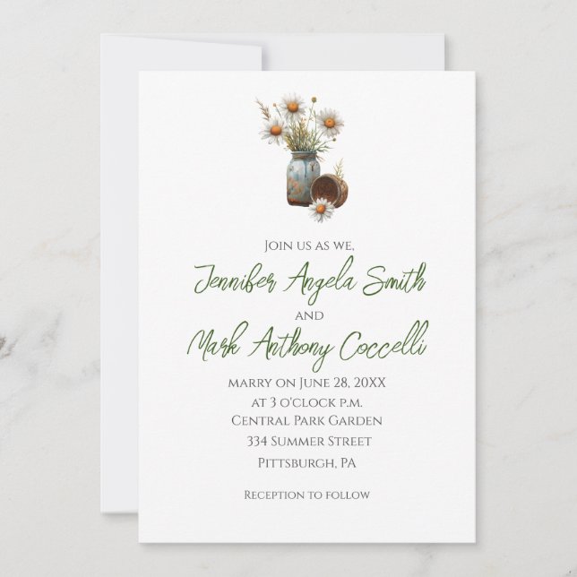 Invitation Mariage Floral aux Marguerites en Pot Mason Rustiq (Devant)