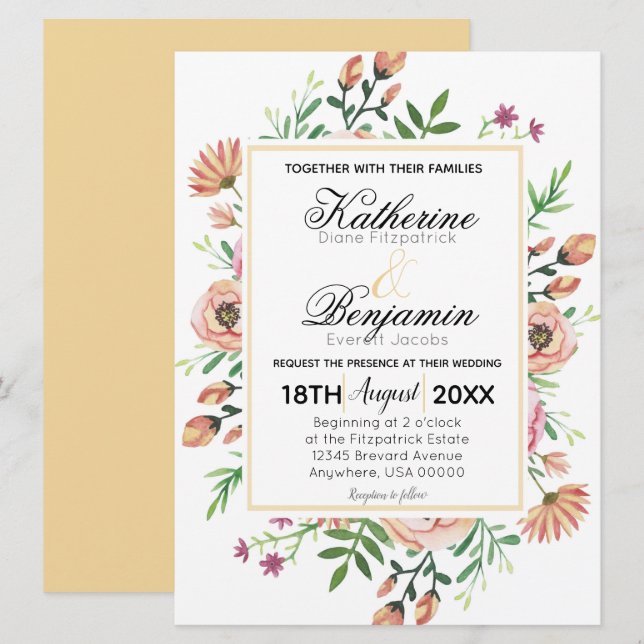 Invitation Mariage Floral aux Pêches (Devant / Derrière)