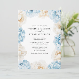 Invitation Mariage Floral aux Pivoines Champagne Bleu Poussié