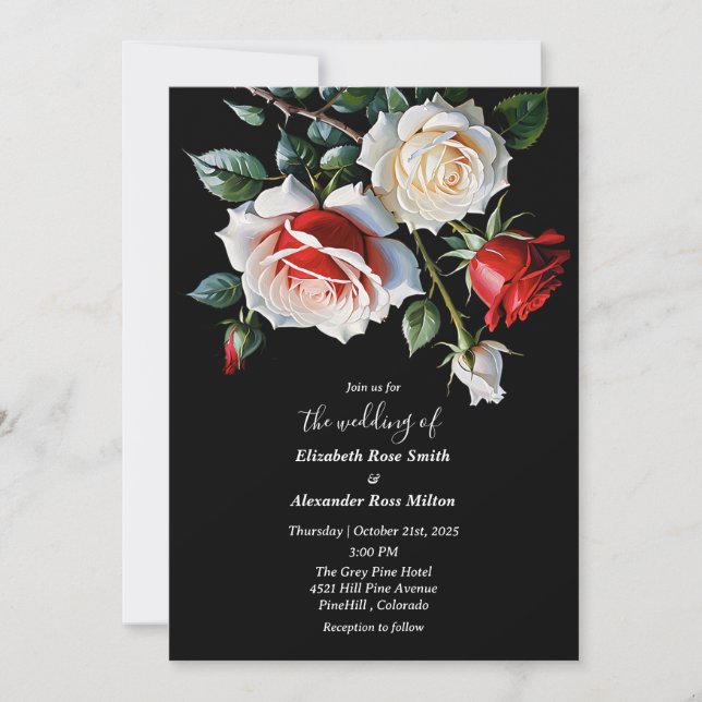 Invitation Mariage floral aux roses blanches rouges roses fon (Devant)