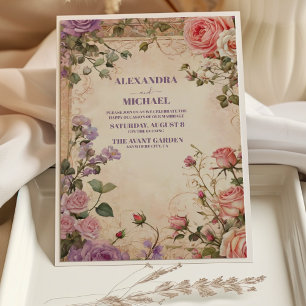 Invitation Mariage Floral aux Roses Violettes Roses Roses Vin