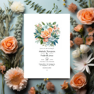 Invitation Mariage Floral aux Teintes de Pêche, Sauge et Bleu