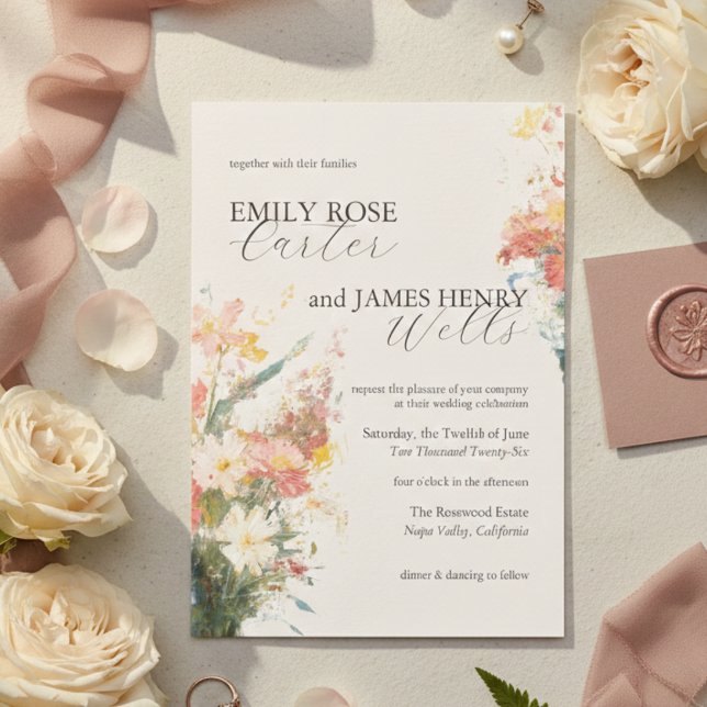 Invitation Mariage Floral aux Teintes Roses Romantiques (Romantic Blush Painted Floral Wedding Invitation)