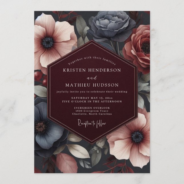Invitation Mariage floral aux tons de bijoux de Bourgogne (Devant)