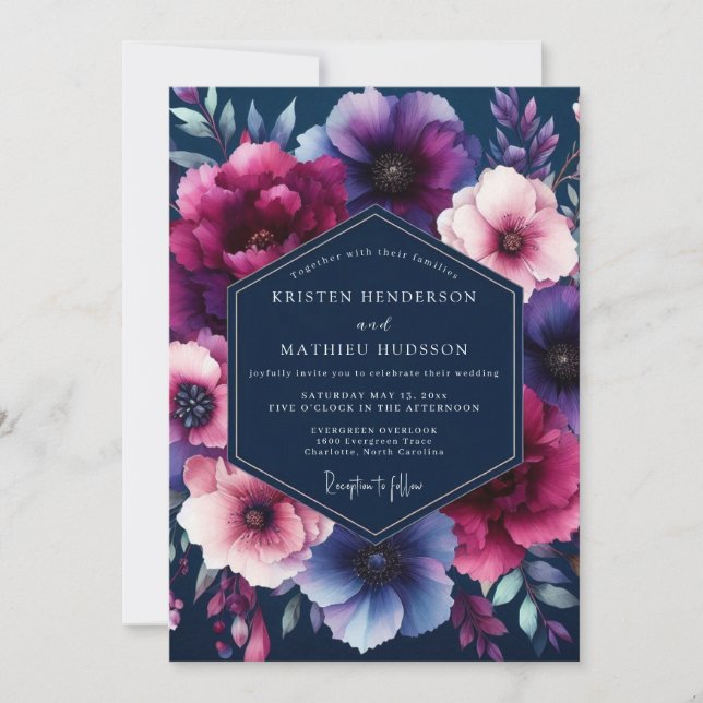 Invitation Mariage floral aux tons de bijoux de la marine (Devant)