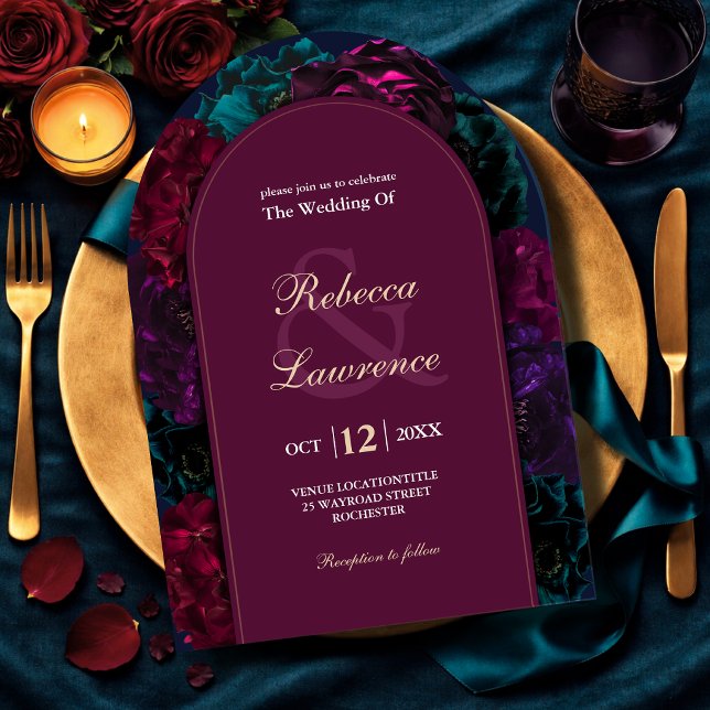 Invitation Mariage floral aux tons de joaillerie en forme d'a (Créateur téléchargé)