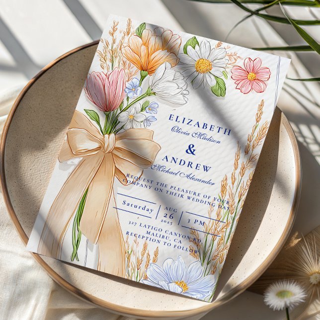 Invitation Mariage Floral avec un Ruban Bleu Clair (Créateur téléchargé)