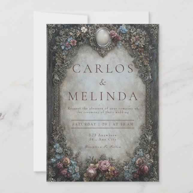 Invitation Mariage Floral Baroque Gris Étain Victorien (Devant)