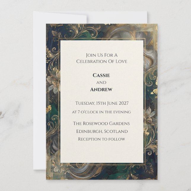 Invitation Mariage Floral Baroque Or Émeraude Sarcelle (Devant)