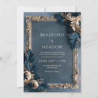 Invitation Mariage floral baroque or et marine