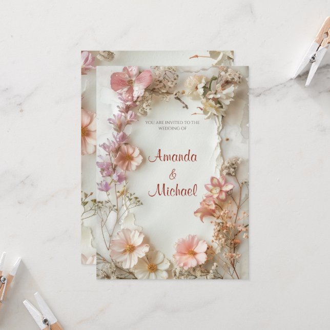Invitation Mariage Floral beige (Devant/Arrière en situation)