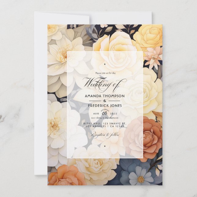 Invitation Mariage floral beige clair et champagne (Devant)