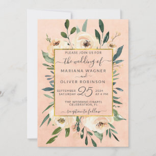 Invitation Mariage Floral Beige Rose Gold sur Fond Rose