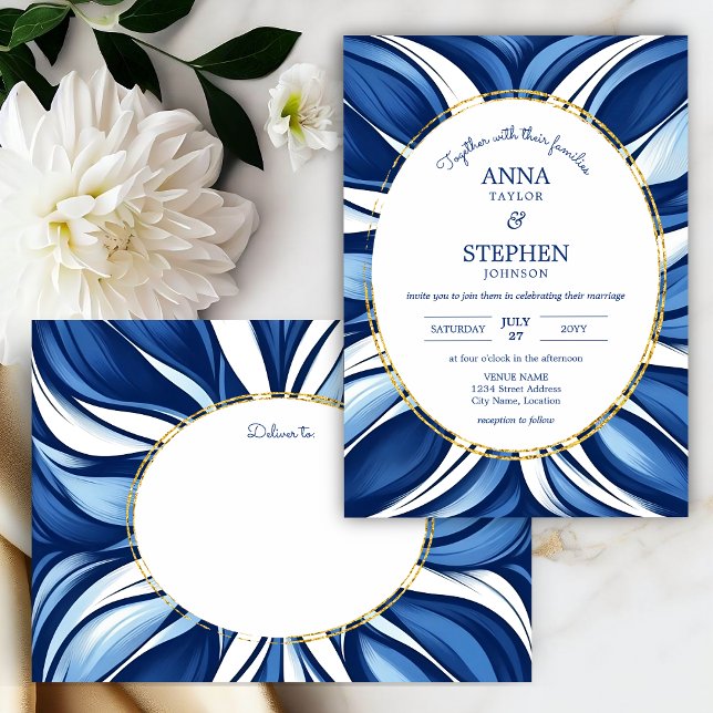 Invitation Mariage Floral Bio Bliss (Blue bliss organic floral invitation front and envelope front.)