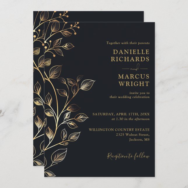 Invitation Mariage Floral Black Gold moderne (Devant / Derrière)