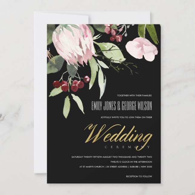 INVITATION MARIAGE FLORAL BLACK ROSE BURGUNDY (Devant)