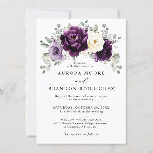 Invitation Mariage floral blanc blanc blanc blanc de prune d'