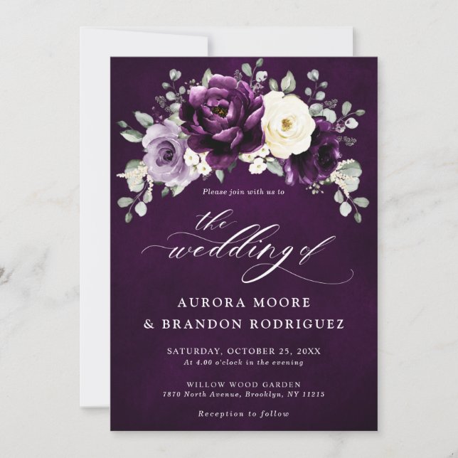 Invitation Mariage floral blanc blanc blanc blanc de prune d' (Devant)