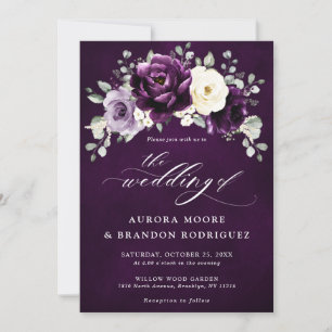 Invitation Mariage floral blanc blanc blanc blanc de prune d'