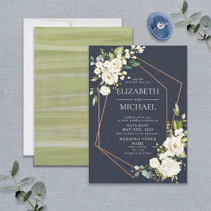 Invitation Mariage floral blanc blanc bleu cuivré géométrique