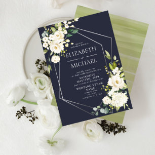 Invitation Mariage floral blanc blanc bleu géométrique argent