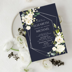 Invitation Mariage floral blanc blanc bleu marine géométrique