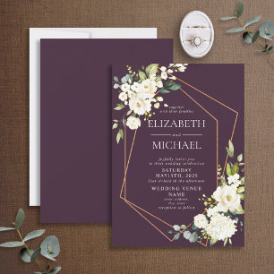 Invitation Mariage floral blanc blanc et géométrique en cuivr