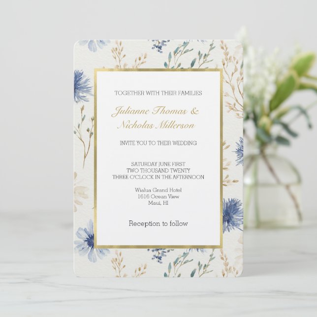 Invitation Mariage Floral Blanc Bleu (Debout devant)