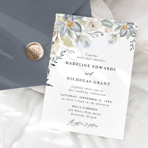 Invitation Mariage Floral Blanc & Bleu à l'Aquarelle Romantiq