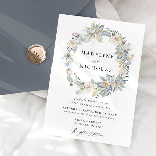 Invitation Mariage Floral Blanc & Bleu Aquarelle Romantique