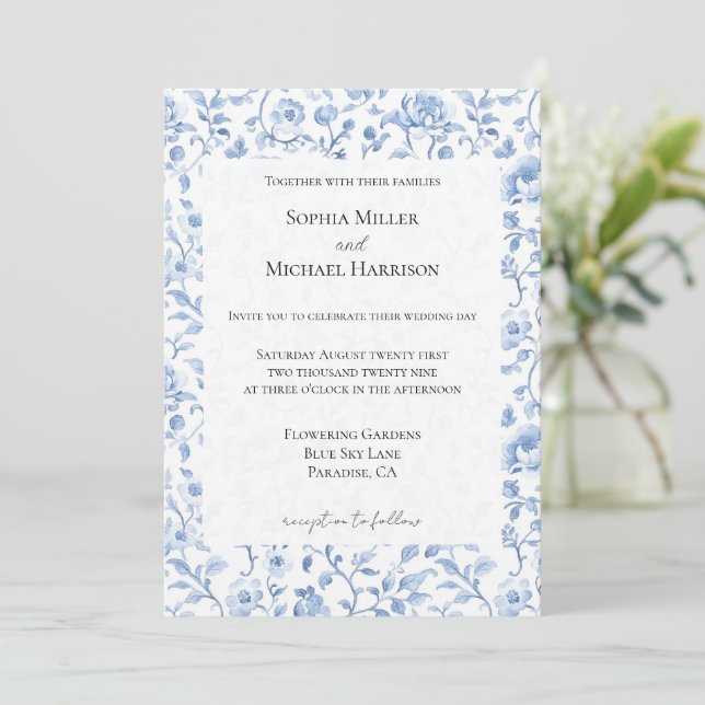 Invitation Mariage Floral Blanc Bleu Romantique (Debout devant)