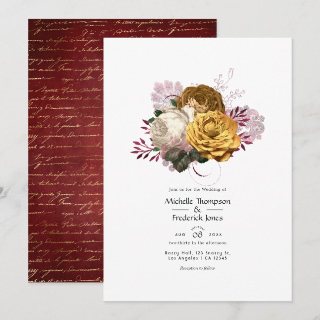 Invitation Mariage floral blanc, Bourgogne et or (Devant / Derrière)