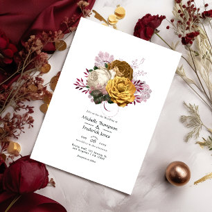 Invitation Mariage floral blanc, bourgogne et or